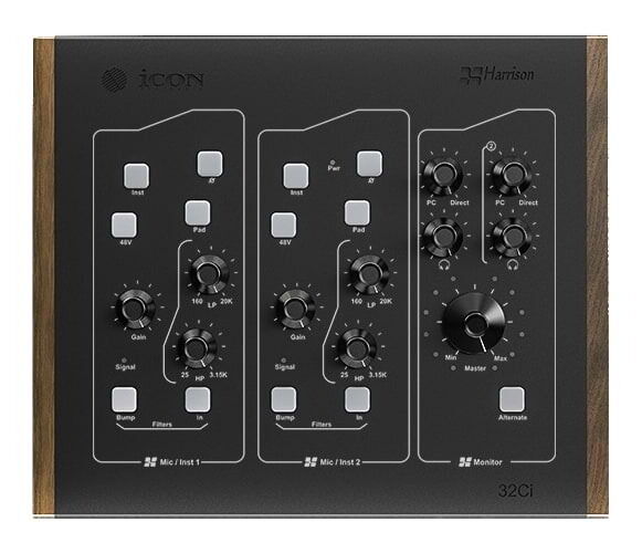 iCON Pro Audio Harrison 32Ci USB Audio Interface - top view showing Harrison 32C preamp controls and knobs